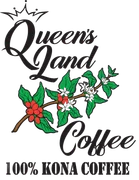 Queen's Land Coffee logo with coffee branch. Black text and a crown, green leaves, red berries, white flowers.