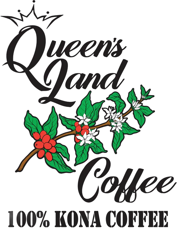 Queen's Land Coffee logo with coffee branch. Black text and a crown, green leaves, red berries, white flowers.